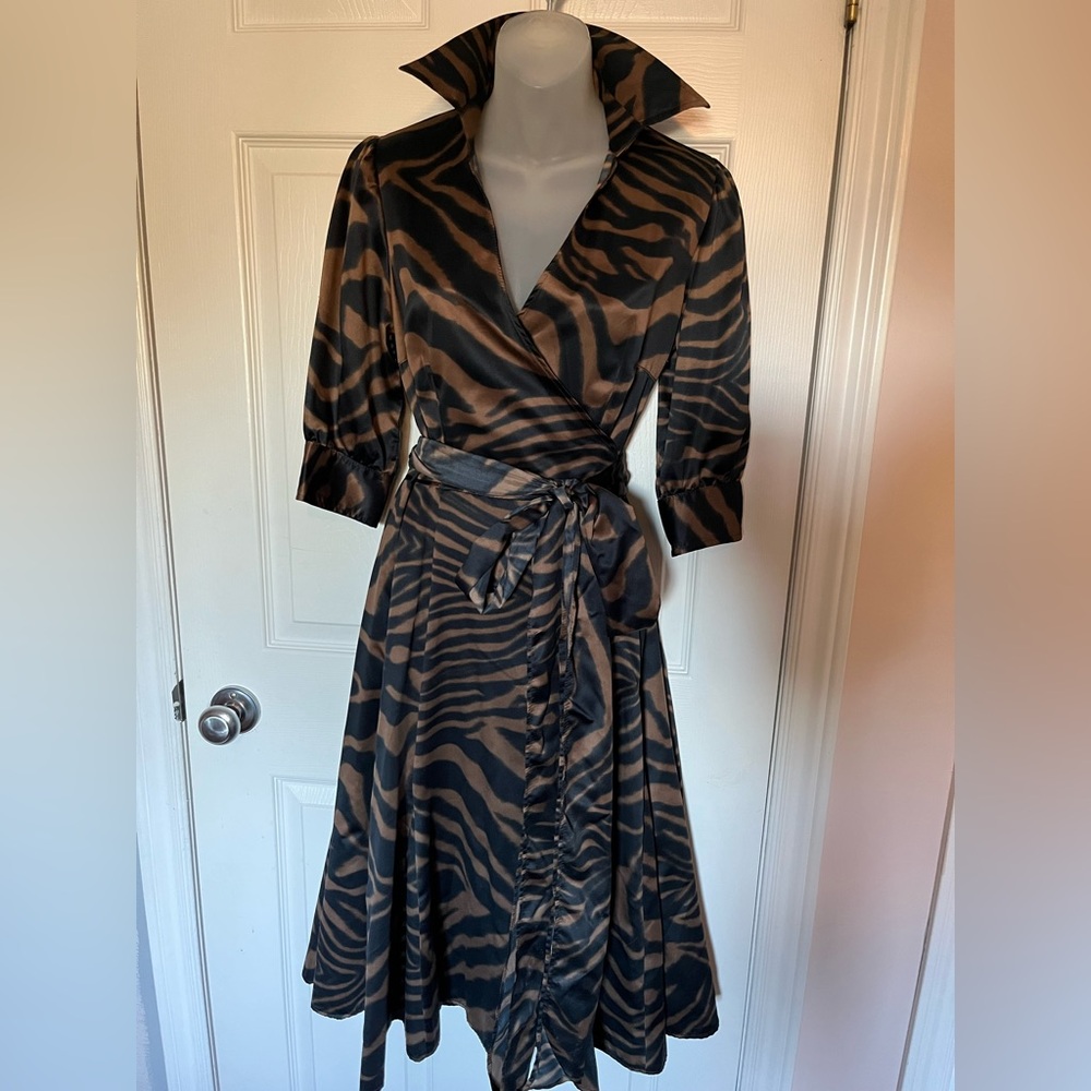 Zara Blue and Brown Zebra Print Long Sleeve Dress